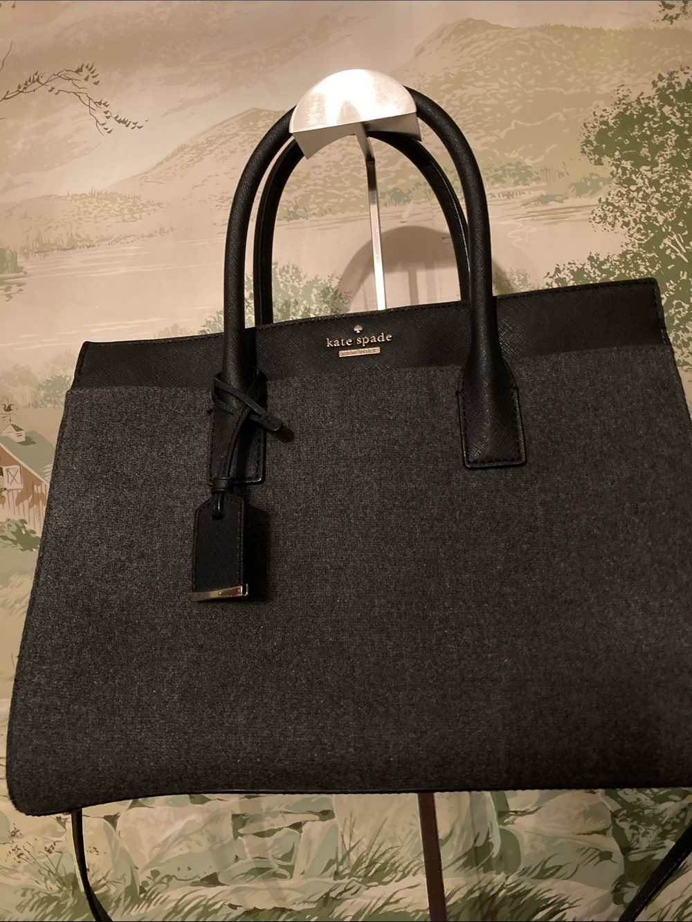 KATE SPADE EUC Cameron Street Candace Black Leather &Gray Wool 2-way Satchel Bag